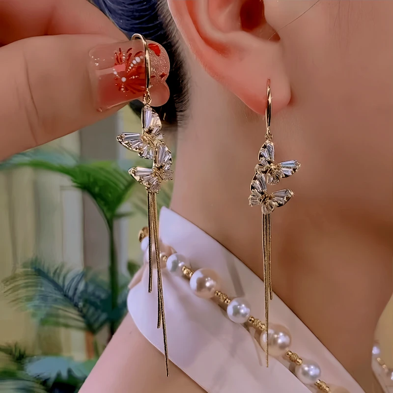 14K Gold-Plated Elegant Zircon Butterfly Ear Hook Tassel Earrings - elegant Butterfly Tassel Earrings