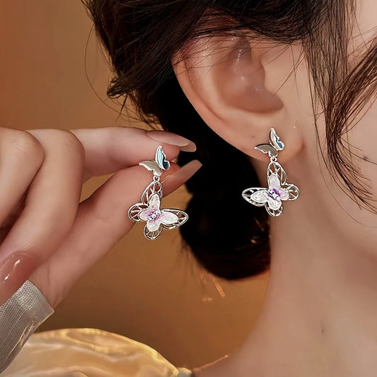 14K Gold-Plated Elegant Zircon Butterfly Earrings - elegant Pink Butterfly Earrings