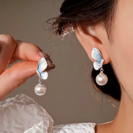 14K Gold-Plated Elegant Zircon Butterfly Pearl Earrings - elegant Butterfly Pearl Earrings