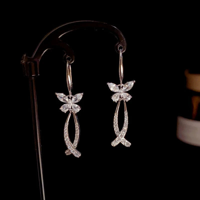 Close-up detail of the sparkling zircons and plating on the Butterfly Tassel Ear Hooks