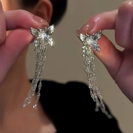 14K Gold-Plated Elegant Zircon Butterfly Tassel Earrings - elegant Butterfly Tassel Earrings
