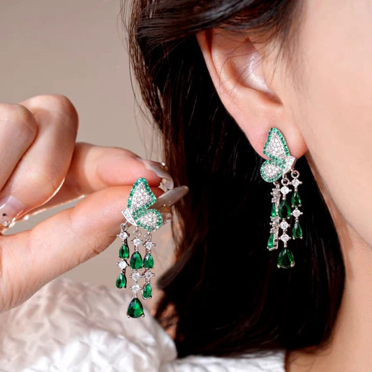 14K Gold-Plated Elegant Zircon Butterfly Tassel Earrings - elegant Green Butterfly Tassel Earrings