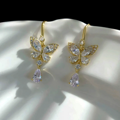 Angled view of the 14K Gold-Plated Elegant Zircon Butterfly Water Drop Ear Hook Earrings