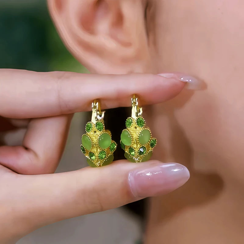 14K Gold-Plated Elegant Zircon Cat's Eye Stone Basket Earrings - elegant Cat's Eye Dangle Earrings