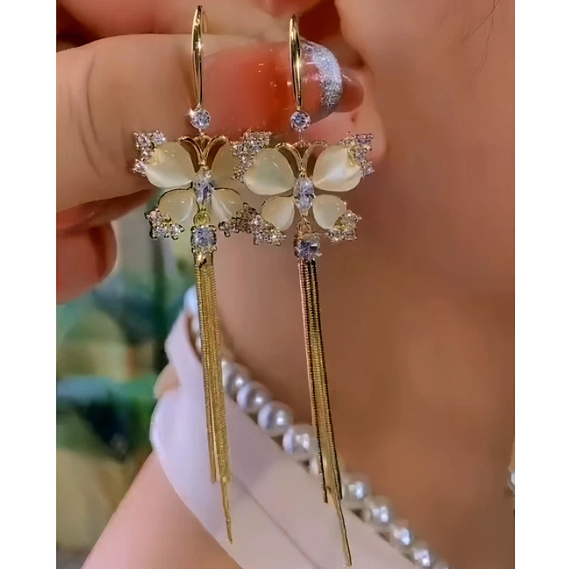 14K Gold-Plated Elegant Zircon Cat's Eye Stone Butterfly Ear Hook Tassel Earrings - elegant Butterfly Tassel Ear Hooks