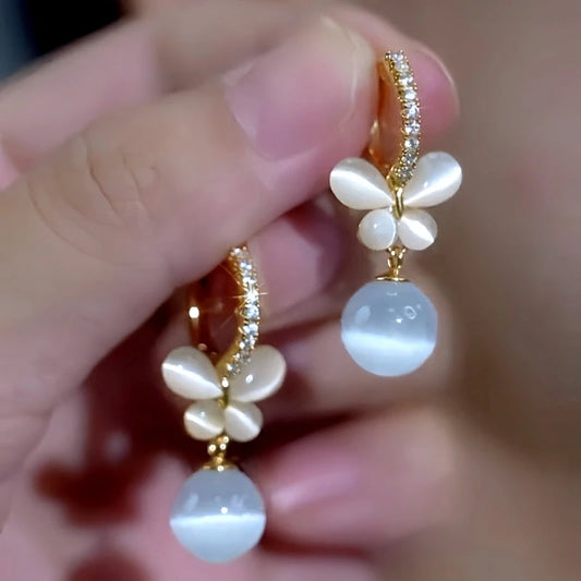 14K Gold-Plated Elegant Zircon Cat's Eye Stone Butterfly Pearl Earrings - elegant Cat's Eye Butterfly Earrings