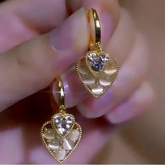 14K Gold-Plated Elegant Zircon Cat's Eye Stone Double-Heart Earrings - elegant Double Heart Earrings