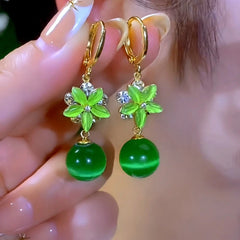 14K Gold-Plated Elegant Zircon Cat's Eye Stone Flower And Bead Earrings - elegant Flower Bead Earrings