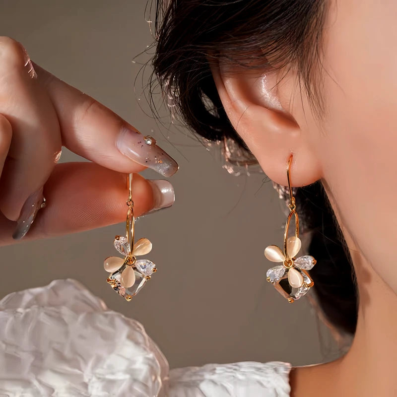 14K Gold-Plated Elegant Zircon Cat's Eye Stone Flower Ear Hook Earrings - elegant Flower Ear Hooks