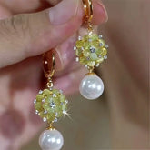 14K Gold-Plated Elegant Zircon Cat's Eye Stone Pearl Earrings - elegant Pearl Dangle Earrings