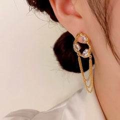 Model showcasing the dangle and style of the 14K Gold-Plated Elegant Zircon Chain Tassel Earrings