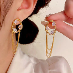 14K Gold-Plated Elegant Zircon Chain Tassel Earrings - elegant Chain Tassel Earrings