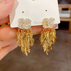 14K Gold-Plated Elegant Zircon Chanel Style Leaf Tassel Earrings - elegant Leaf Tassel Earrings