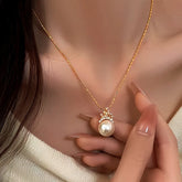 14K Gold-Plated Elegant Zircon Crown Pearl Pendant Necklace - beautiful Crown Pearl Necklace