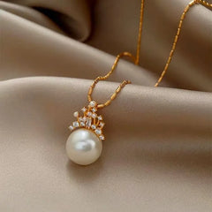 Detailed view of the 14K Gold-Plated Elegant Zircon Crown Pearl Pendant Necklace chain and pendant