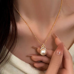 14K Gold-Plated Elegant Zircon Crown Pearl Pendant Necklace - beautiful Crown Pearl Necklace