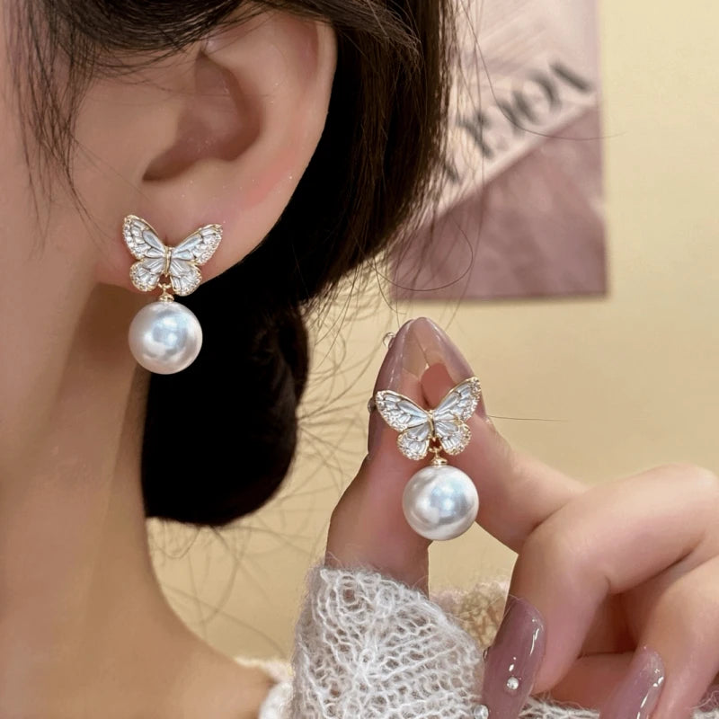 14K Gold-Plated Elegant Zircon Diamond Butterfly Pearl Tassel Earrings - elegant Butterfly Tassel Earrings