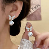14K Gold-Plated Elegant Zircon Diamond Butterfly Pearl Tassel Earrings - elegant Butterfly Tassel Earrings