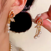 14K Gold-Plated Elegant Zircon Diamond Butterfly Pearl Tassel Earrings - elegant Butterfly Pearl Earrings