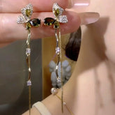 14K Gold-Plated Elegant Zircon Diamond Butterfly Tassel Earrings - elegant Green Butterfly Earrings