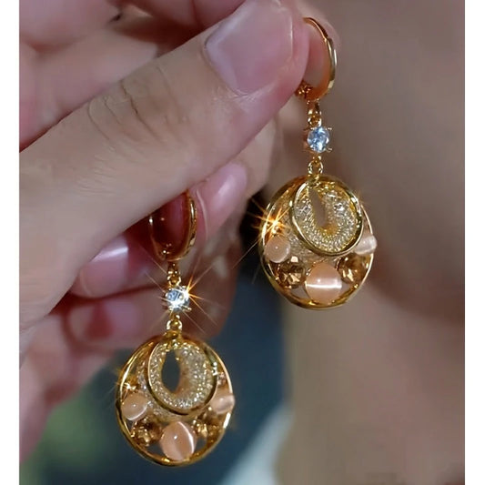 14K Gold-Plated Elegant Zircon Diamond Cat's Eye Stone Water Drop Earrings - elegant Water Drop Earrings