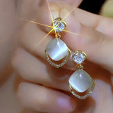 14K Gold-Plated Elegant Zircon Diamond Cat's Eye Stone Water Drop Earrings - elegant Teardrop Earrings