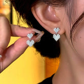 14K Gold-Plated Elegant Zircon Diamond Double-Layer Bling Heart Earrings - elegant Heart Earrings
