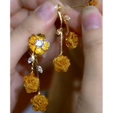14K Gold-Plated Elegant Zircon Diamond FLower Mesh Rose Tassel Earrings - elegant Rose Tassel Earrings