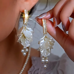 14K Gold-Plated Elegant Zircon Diamond Flower Pearl Earrings - elegant Pearl Drop Earrings