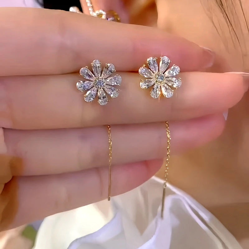 14K Gold-Plated Elegant Zircon Diamond Flower Threader Earrings - elegant Flower Threader Earrings