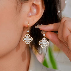 14K Gold-Plated Elegant Zircon Diamond Four-Leaf Ear Hook Earrings - elegant Four-Leaf Clover Earrings