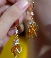 14K Gold-Plated Elegant Zircon Diamond Jade Leaf Earrings - elegant Jade Leaf Earrings