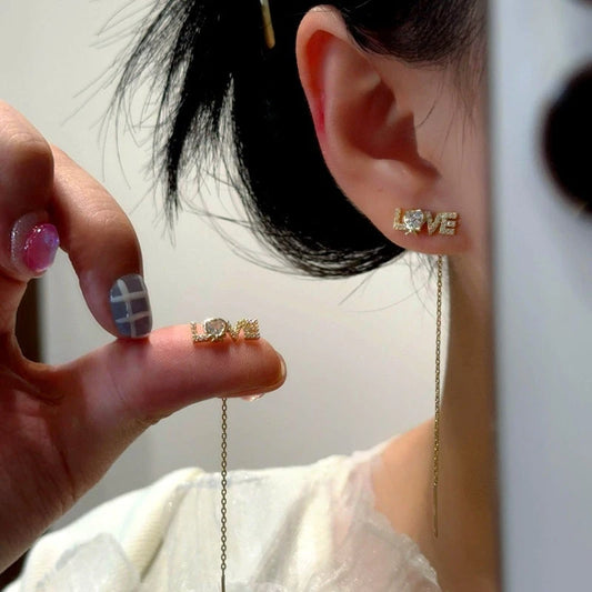 14K Gold-Plated Elegant Zircon Diamond LOVE Threader Earrings - elegant LOVE Threader Earrings