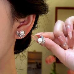 14K Gold-Plated Elegant Zircon Diamond Leaf Pearl Stud Earrings - elegant Pearl Stud Earrings