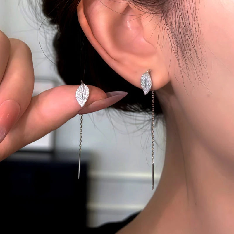 14K Gold-Plated Elegant Zircon Diamond Leaf Threader Earrings - elegant Leaf Threaders