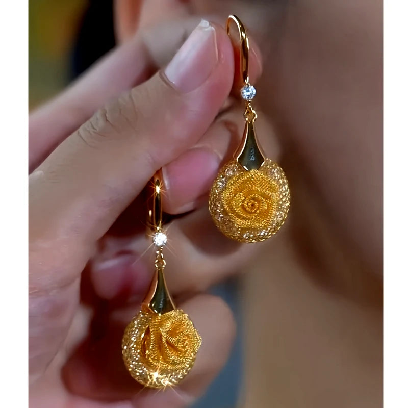 Angled view of the 14K Gold-Plated Elegant Zircon Diamond Mesh Rose Ear Hook Earrings