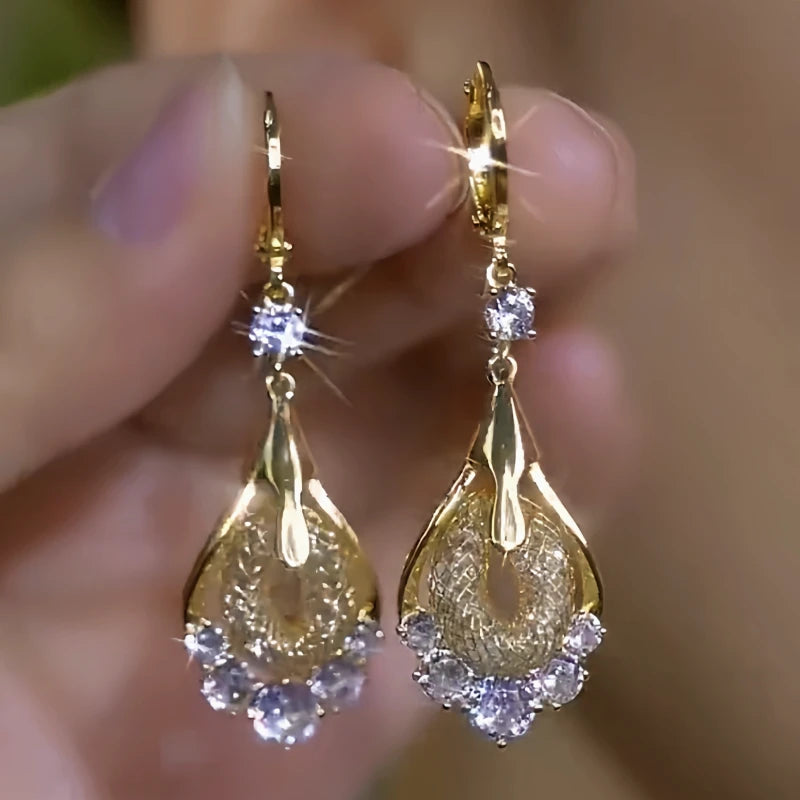 14K Gold-Plated Elegant Zircon Diamond Mesh Water Drop Earrings - elegant Water Drop Earrings