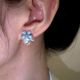 14K Gold-Plated Elegant Zircon Diamond Pearl Blue Flower Stud Earrings - elegant Blue Flower Studs