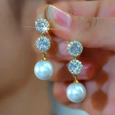 14K Gold-Plated Elegant Zircon Diamond Pearl Earrings - elegant Pearl Drop Earrings
