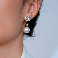 Close-up detail of the sparkling zircons and plating on the Pearl Jacket Earrings