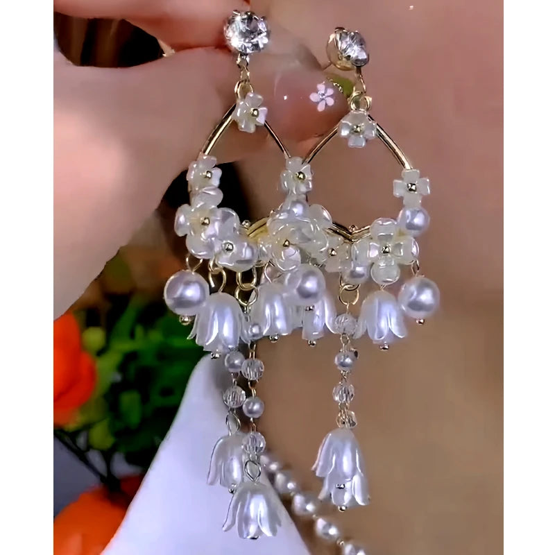 14K Gold-Plated Elegant Zircon Diamond Pearl Lily Tassel Earrings - elegant Tassel Earrings