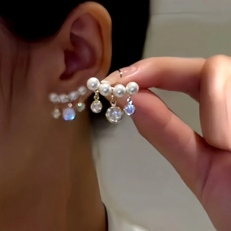 14K Gold-Plated Elegant Zircon Diamond Pearl Tassel Earrings - elegant Tassel Earrings