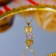 14K Gold-Plated Elegant Zircon Diamond Rotatable Bunny Necklace worn to showcase its length and pendant detail