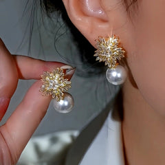 14K Gold-Plated Elegant Zircon Diamond Snowflake Pearl Earrings - elegant Snowflake Earrings