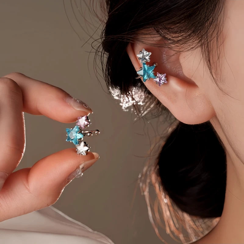 Model showcasing the dangle and style of the 14K Gold-Plated Elegant Zircon Diamond Star Pearl Jacket Earrings And Ear Clips