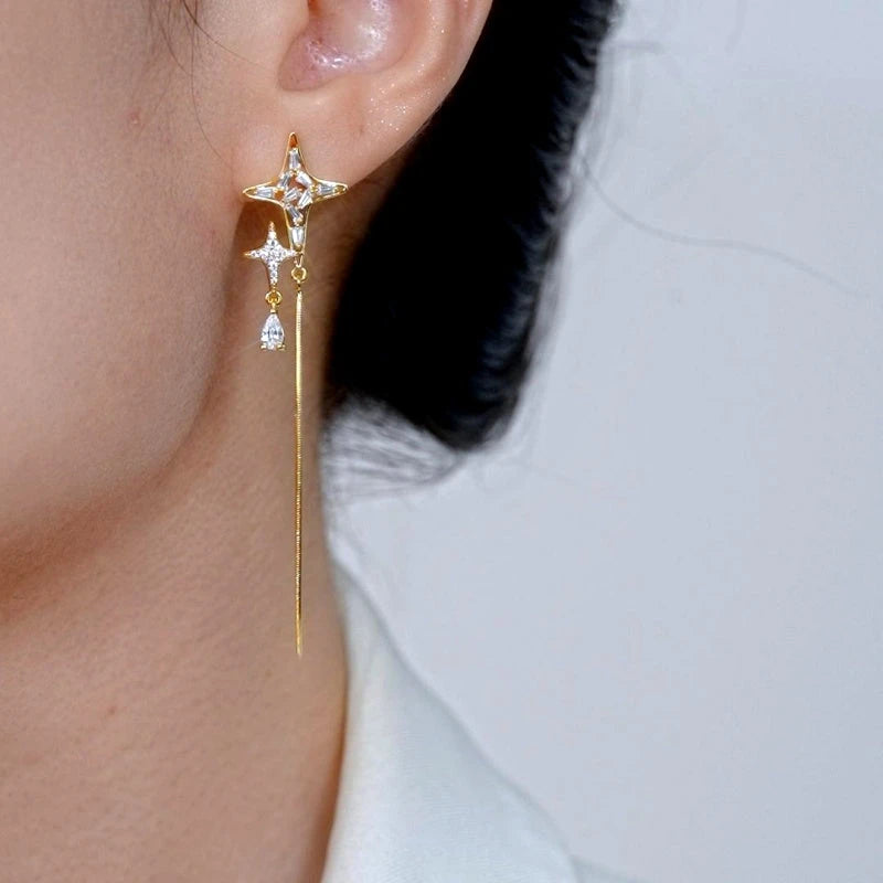 Close-up detail of the sparkling zircons and plating on the Star Tassel Dangles