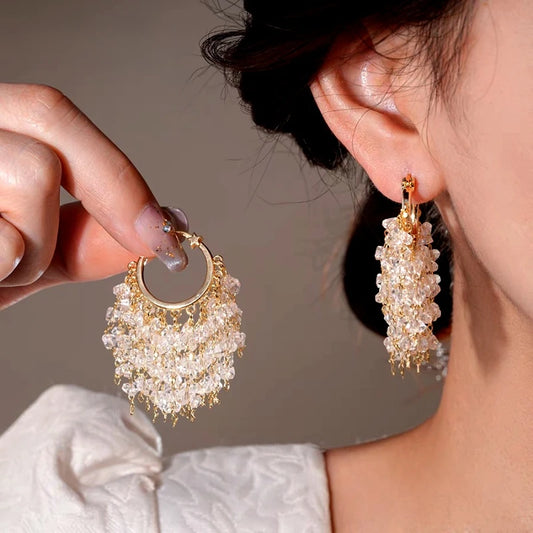 14K Gold-Plated Elegant Zircon Diamond Tassel Earrings - elegant Gold Tassel Earrings