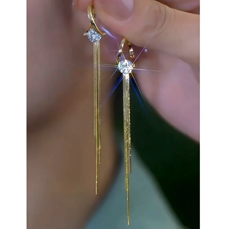 14K Gold-Plated Elegant Zircon Diamond Tassel Earrings - elegant Dainty Tassel Earrings