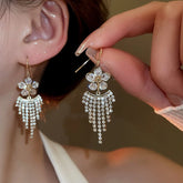 14K Gold-Plated Elegant Zircon Diamond flower Tassel Earrings - elegant Flower Tassel Earrings