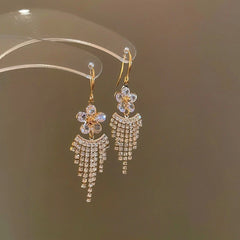 Close-up detail of the sparkling zircons and plating on the Flower Tassel Earrings